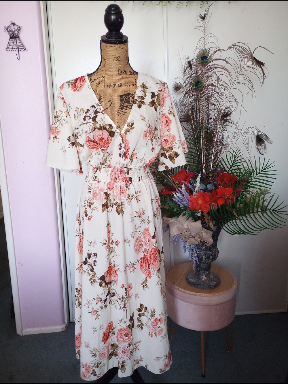 SHEIN Ivory Maxi Dress with Pink Floral Print